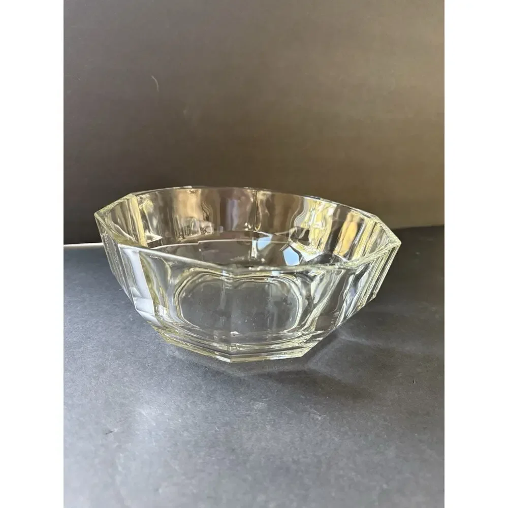 Vintage Crystal Salad Bowl Paneled Clear Tableware Octagon MCM Cottage Serving
